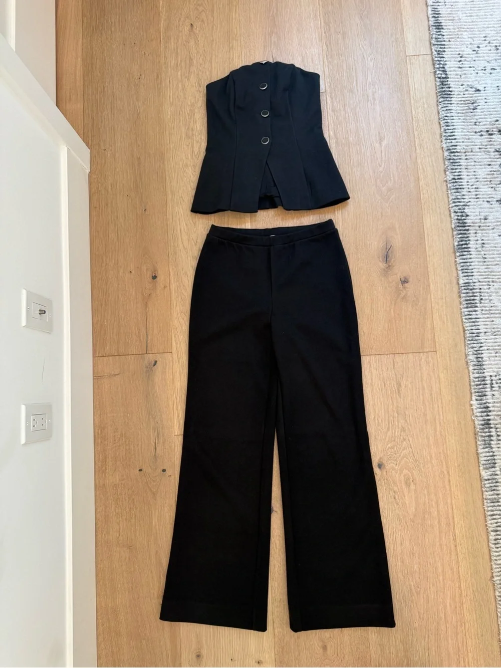Reformation Pears Knit Two Piece Set Black Strapless Peplum Top Wide Leg Pants S